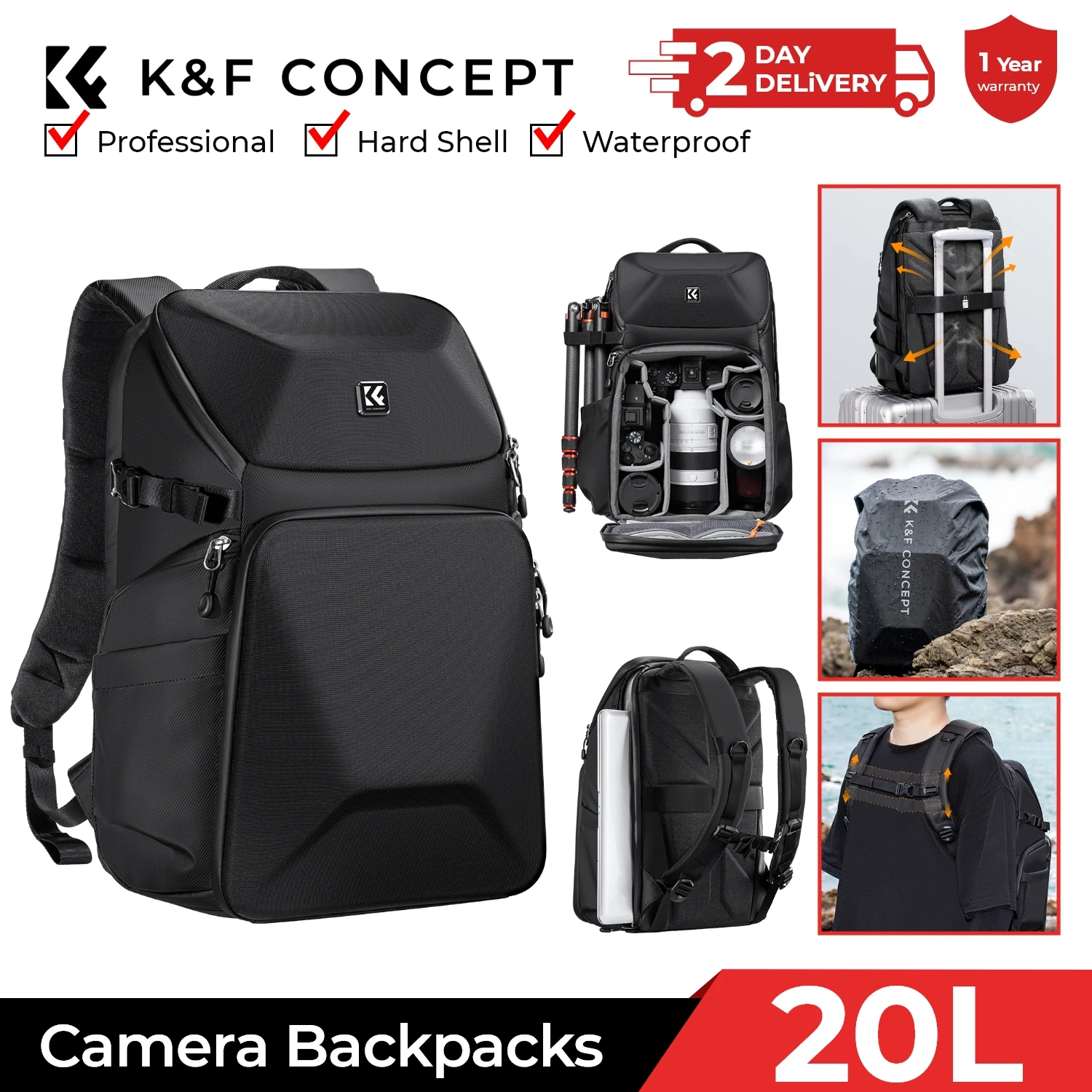 Laptop Bag Waterproof - K&F CONCEPT 20L 카메라 백팩 방수
